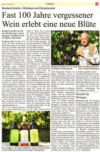 Pressebeitrag 'Fast 100 Jahre vergessener Wein erlebt eine neue Blüte' Super Sonntag 20.09.2009